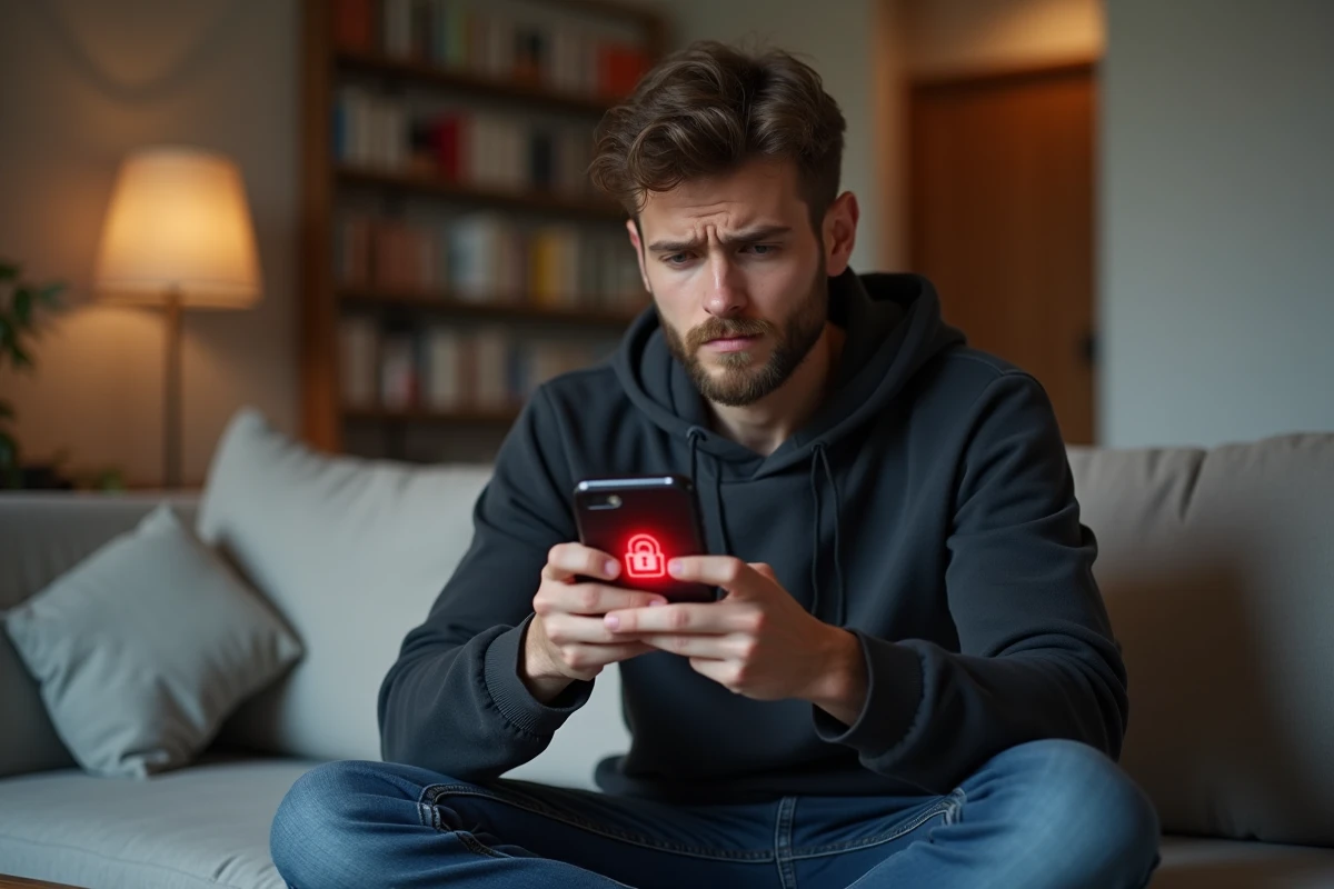 Jeune homme consultant un smartphone affichant un compte verrouillé avec une icône de cadenas rouge