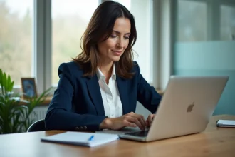 Femme connectée à son espace personnel CMUT sur un ordinateur portable dans un bureau à domicile