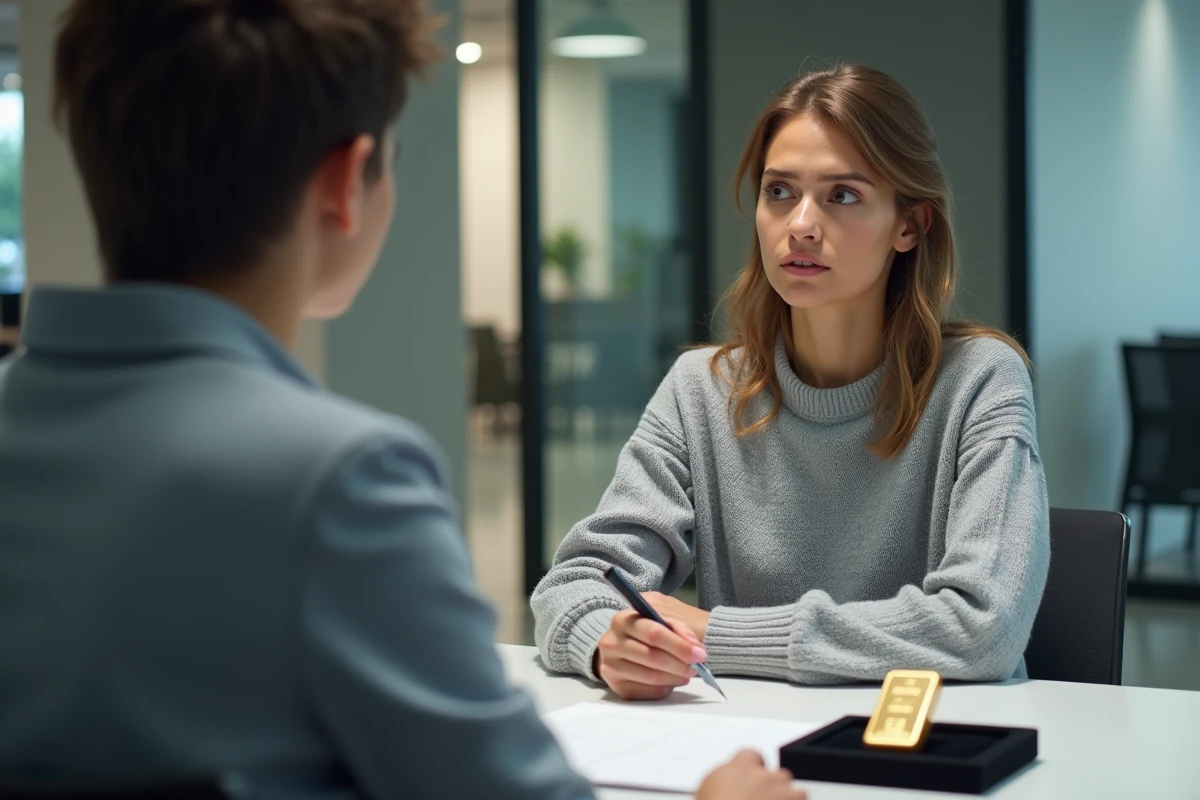 Jeune femme consultant un conseiller bancaire pour l'achat d'un lingot d'or de 250g