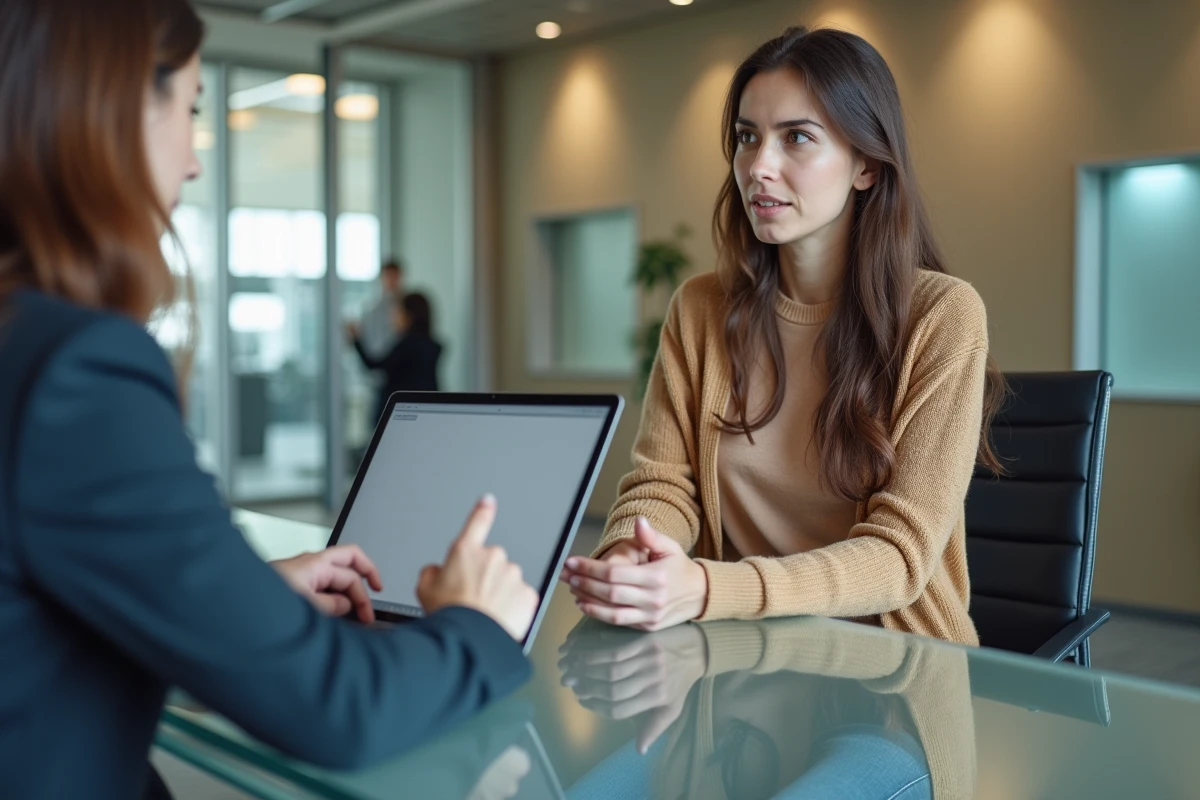 Jeune femme discutant avec un conseiller bancaire dans une agence moderne