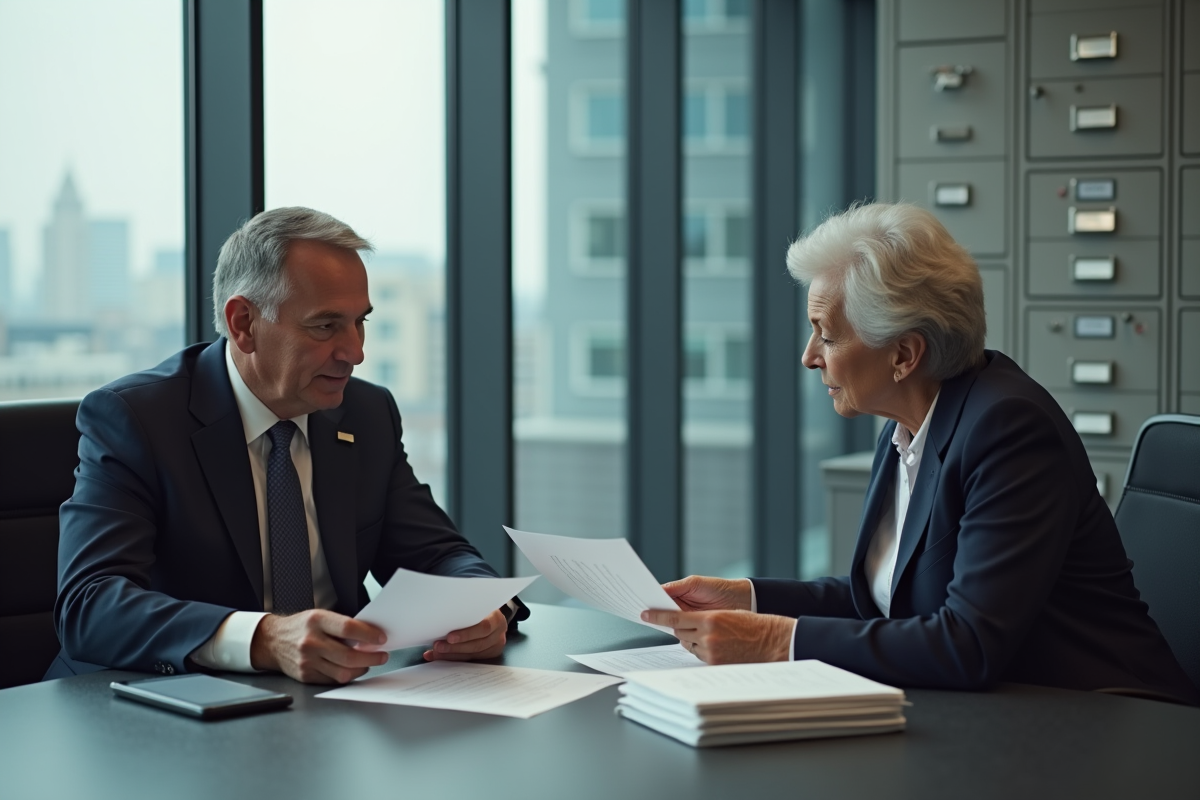 Conseiller financier expliquant des papiers a une dame agee