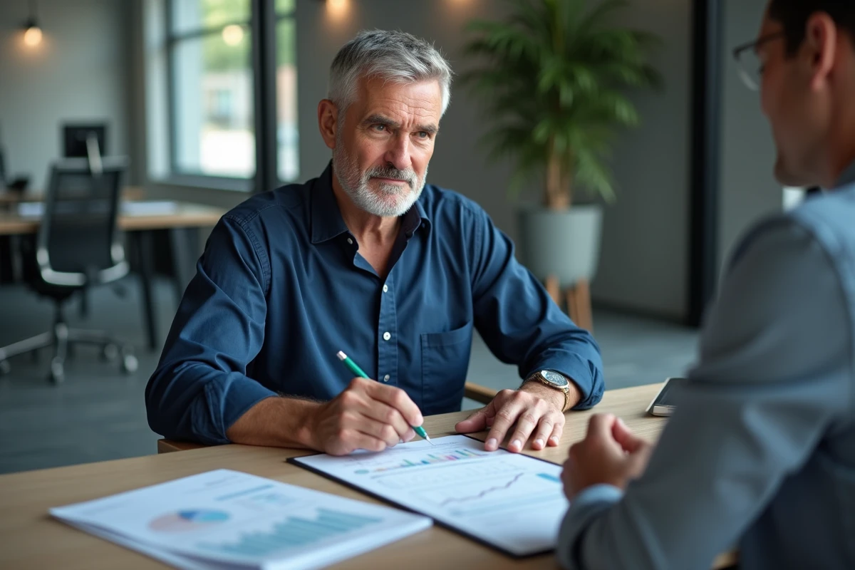 Conseiller financier aidant un client à négocier un échéancier de remboursement avec Intrum dans un bureau professionnel