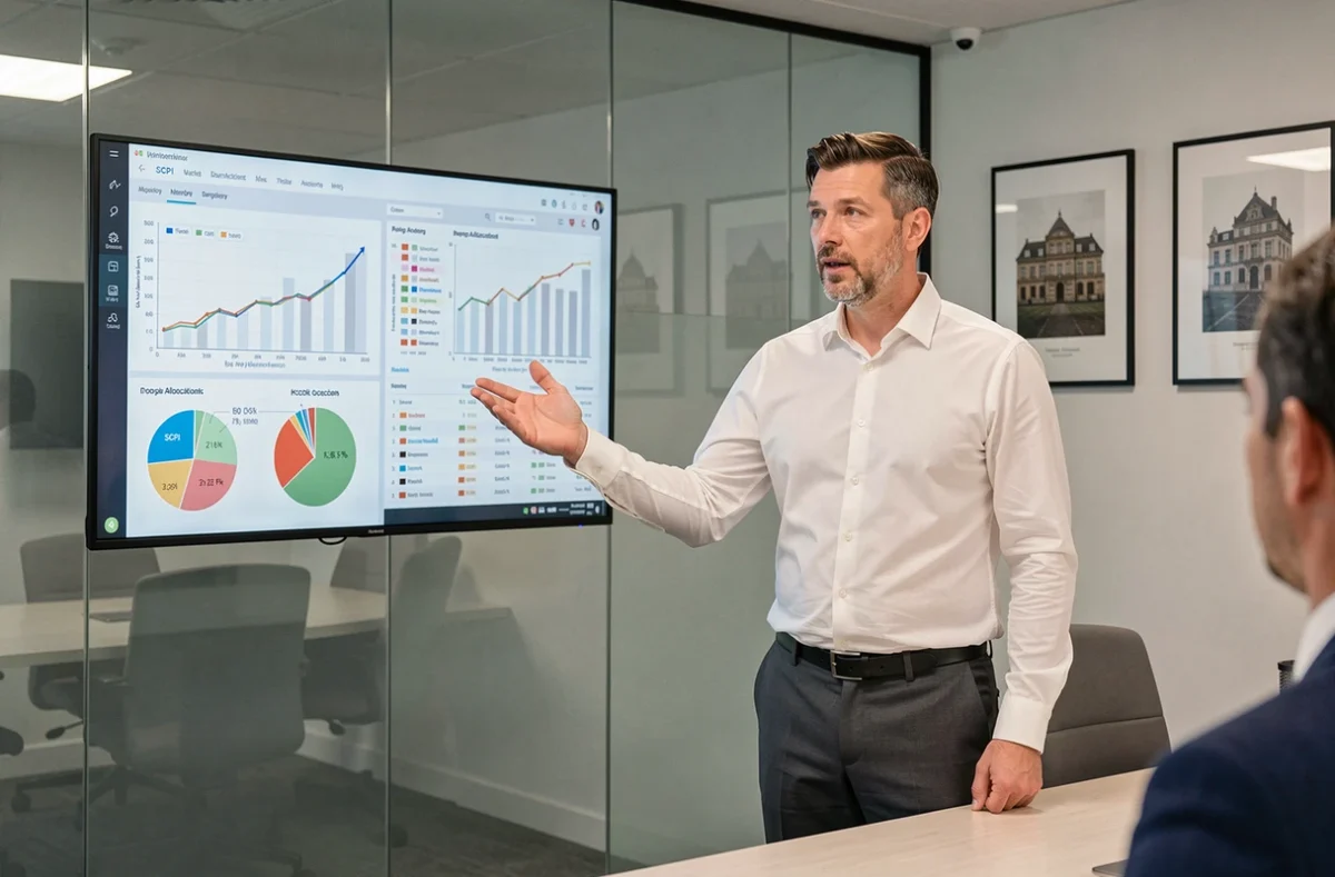 Conseiller financier présentant une stratégie d'investissement en SCPI dans le cadre d'une assurance vie devant un écran de données