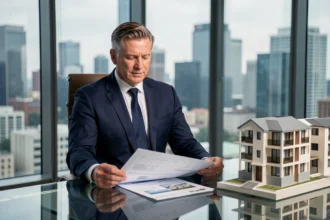 Conseiller financier analysant des documents de SCPI dans un bureau moderne avec vue sur la ville