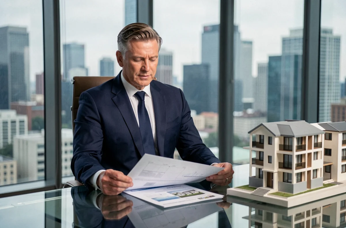 Conseiller financier analysant des documents de SCPI dans un bureau moderne avec vue sur la ville