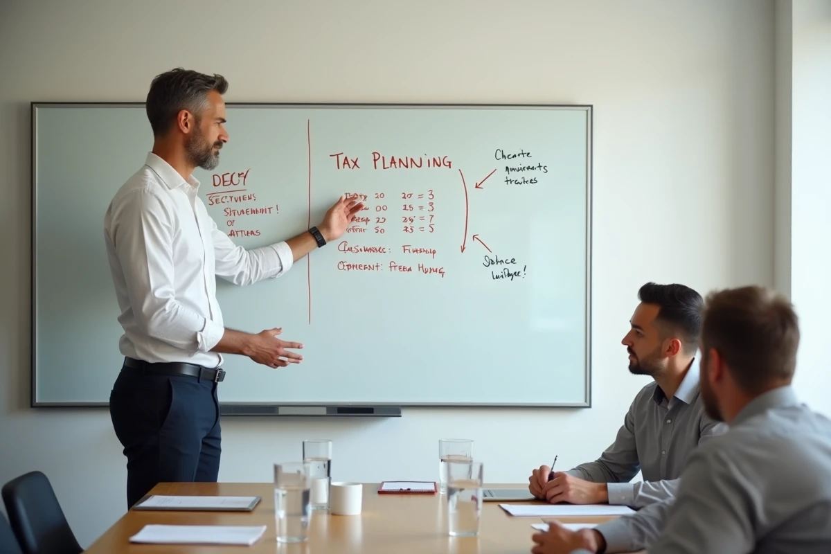 Conseiller fiscal présentant un planning d'acomptes IS au tableau blanc lors d'une réunion