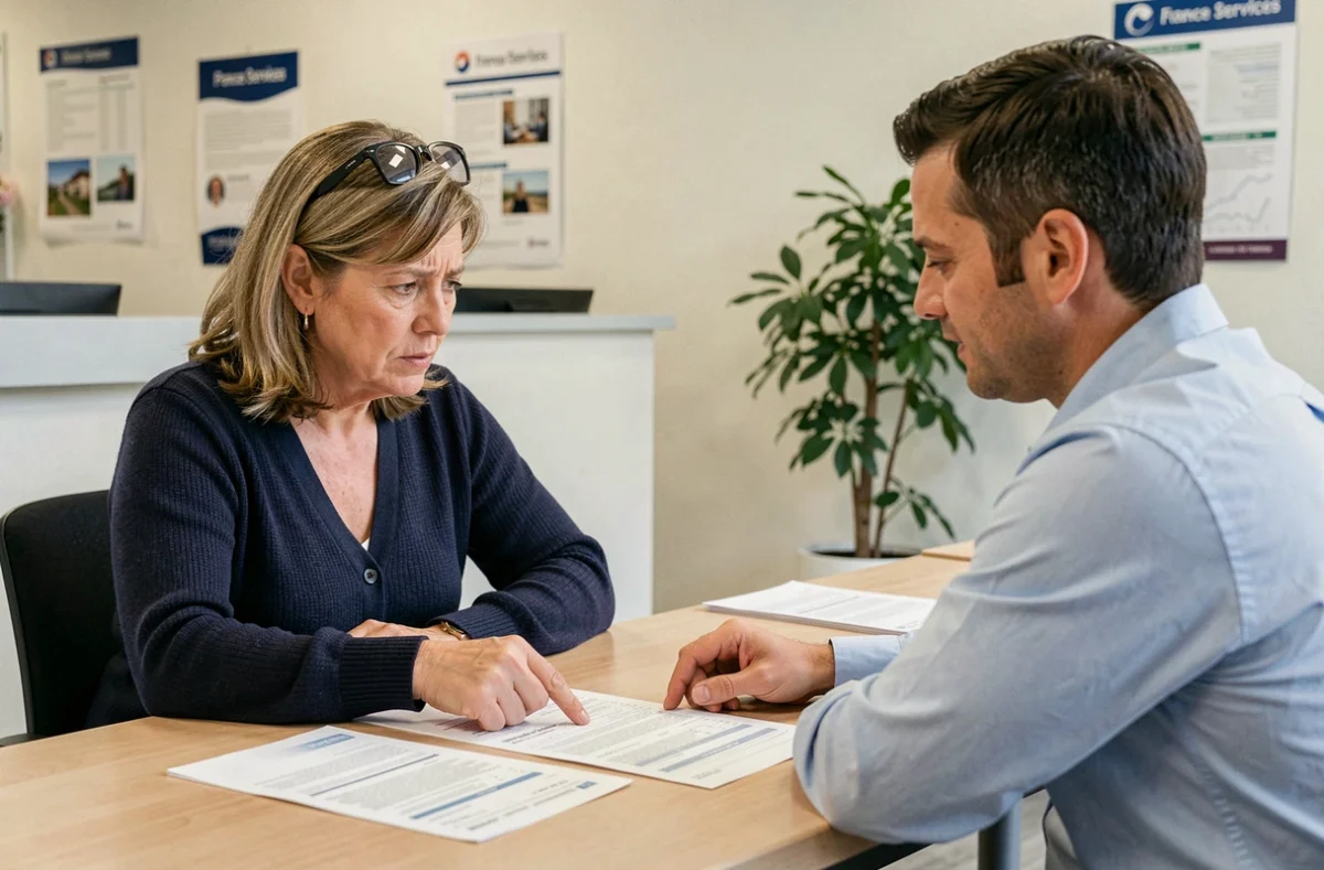 Une femme consulte un conseiller France Services au sujet d'un prélèvement bancaire de 108 euros sur des documents imprimés