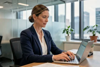 Conseillère en assurance Qlara examinant des documents de sinistre sur un ordinateur portable dans un bureau moderne