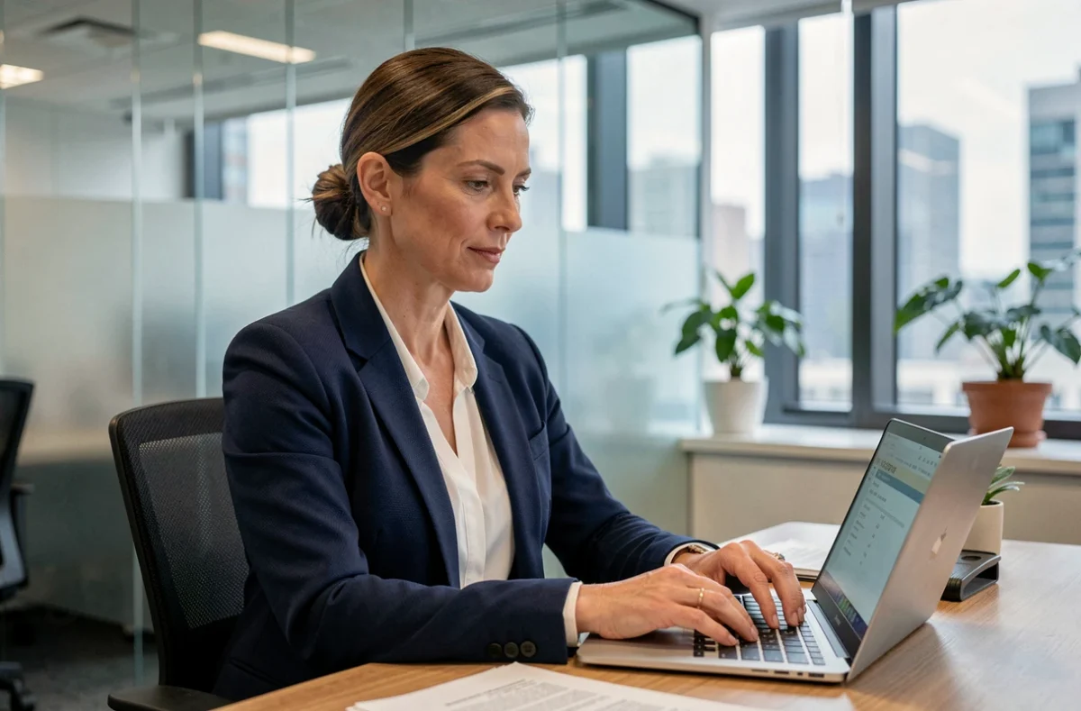 Conseillère en assurance Qlara examinant des documents de sinistre sur un ordinateur portable dans un bureau moderne