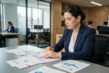 Femme conseillère financière analysant des documents de comparaison de SCPI dans un bureau moderne
