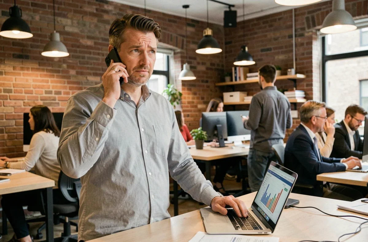 Homme contactant le service client de CDC Net Banque des territoires par téléphone dans un espace de coworking