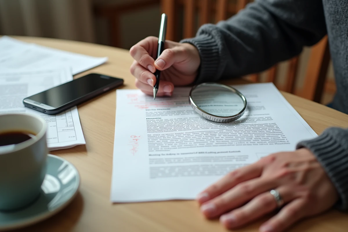 Gros plan sur des mains tenant un contrat de plateforme de lending avec annotations en stylo rouge, symbolisant les risques cachés du rendement passif