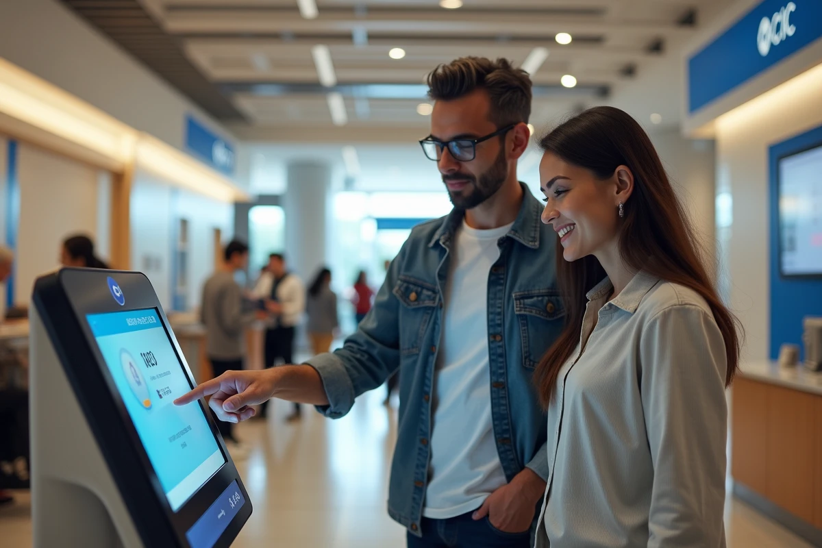 Couple utilisant une borne libre-service dans une agence CIC pour ouvrir un compte bancaire