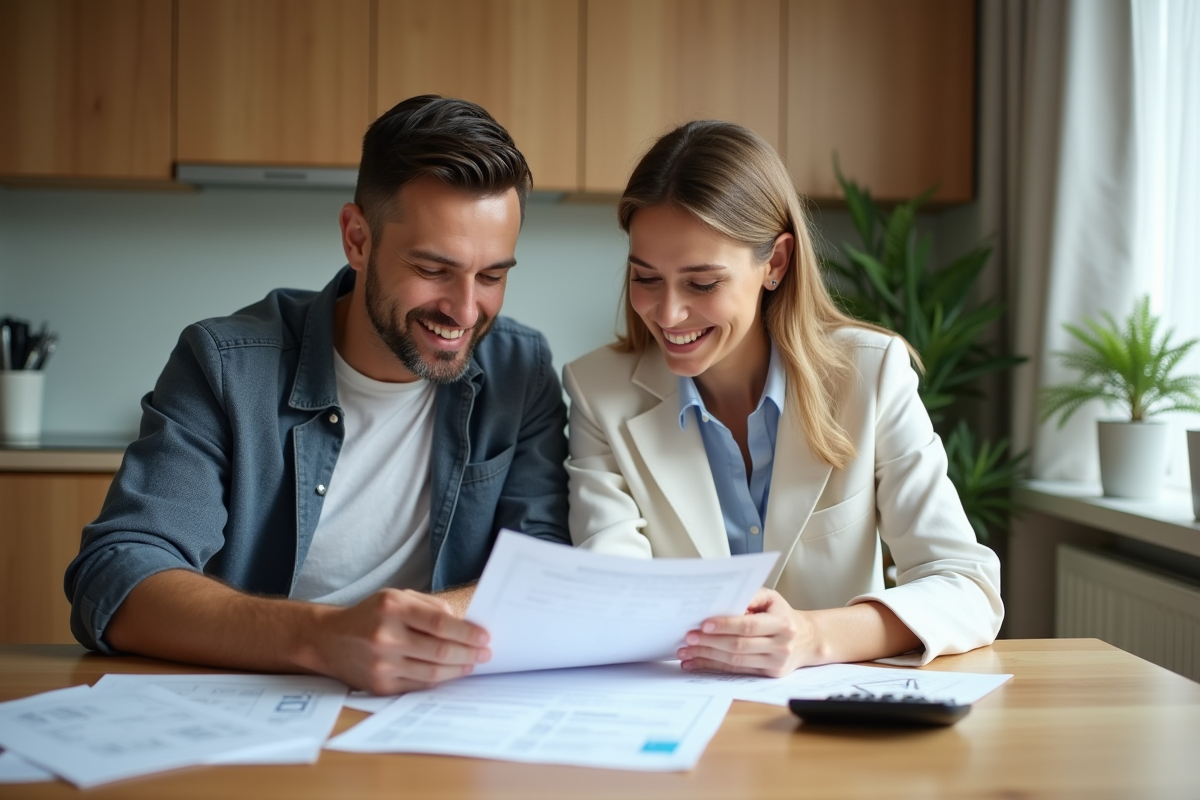 Couple en cuisine examinant des documents hypothécaires