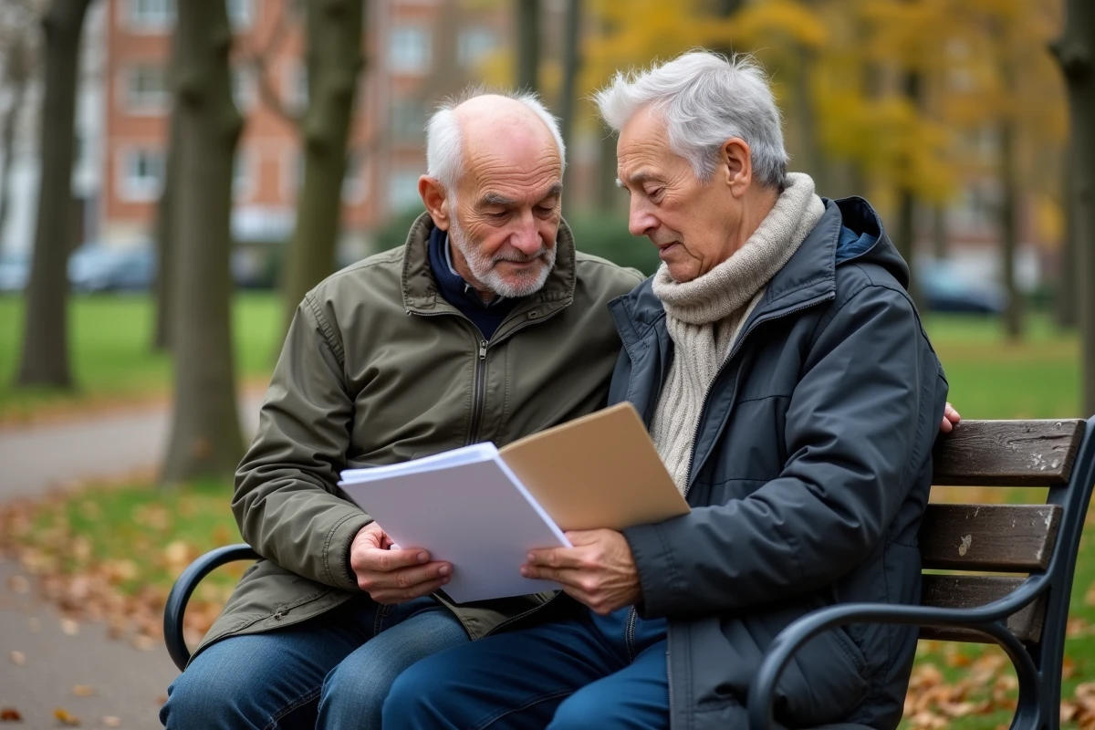 Couple retraité discutant dans un parc avec dossier CSG 2026