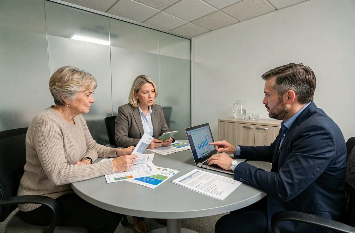 Couple de particuliers discutant d'un investissement SCPI avec un conseiller en gestion de patrimoine