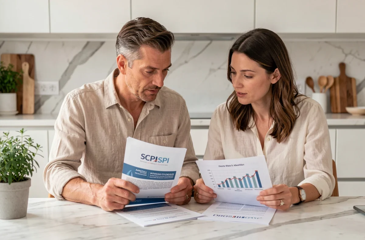 Couple examinant un guide d'investissement en SCPI de rendement à la maison pour préparer leur épargne