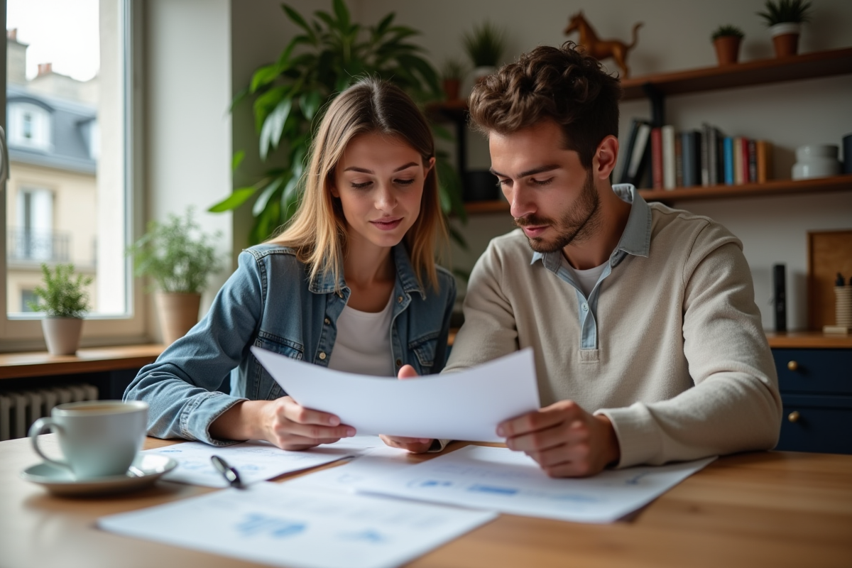 Jeune couple examinant des documents financiers à la maison
