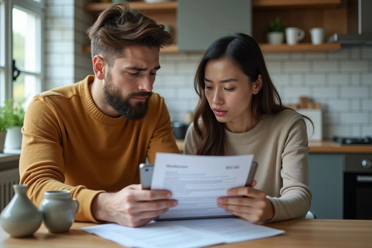 Couple examinant ensemble une lettre de recouvrement Intrum et planifiant un échéancier de paiement à domicile