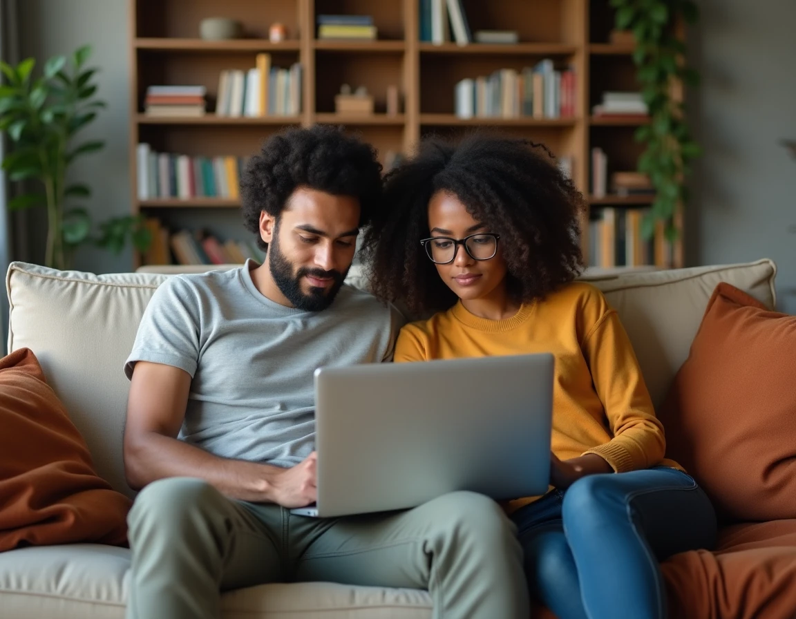 Un couple planifie ensemble le choix des fonds de leur plan d'épargne salariale depuis leur salon
