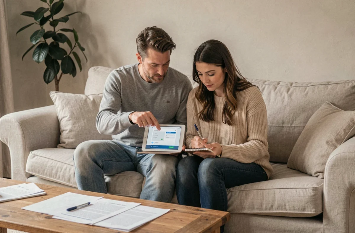 Couple consultant ensemble une interface bancaire sur tablette pour gérer une erreur de prélèvement Cetelem