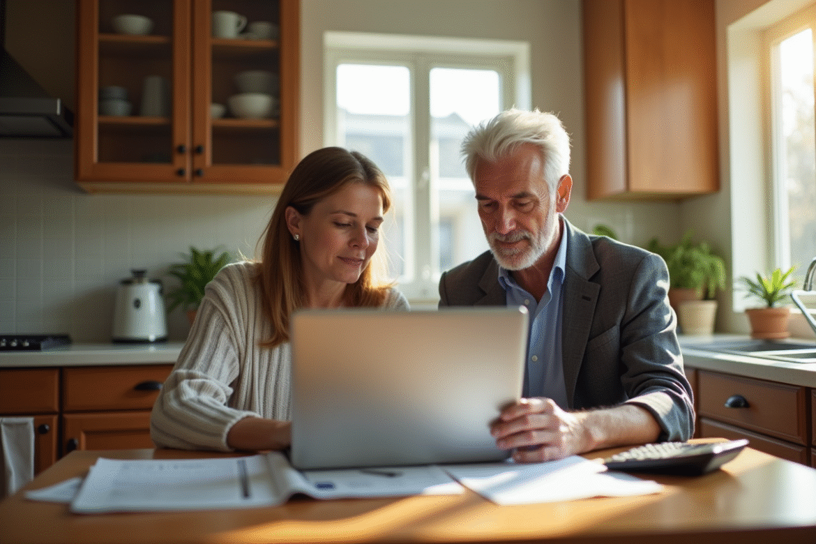 Couple de retraités examinant des documents de retraite à la cuisine
