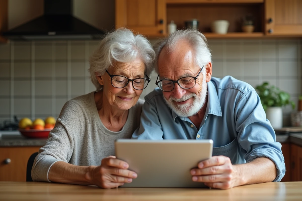 Couple de seniors consultant une confirmation de paiement sécurisé en ligne sur une tablette dans leur cuisine