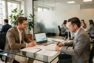 Courtier en assurance emprunteur dans le Nord conseillant un client sur son prêt immobilier dans un bureau moderne