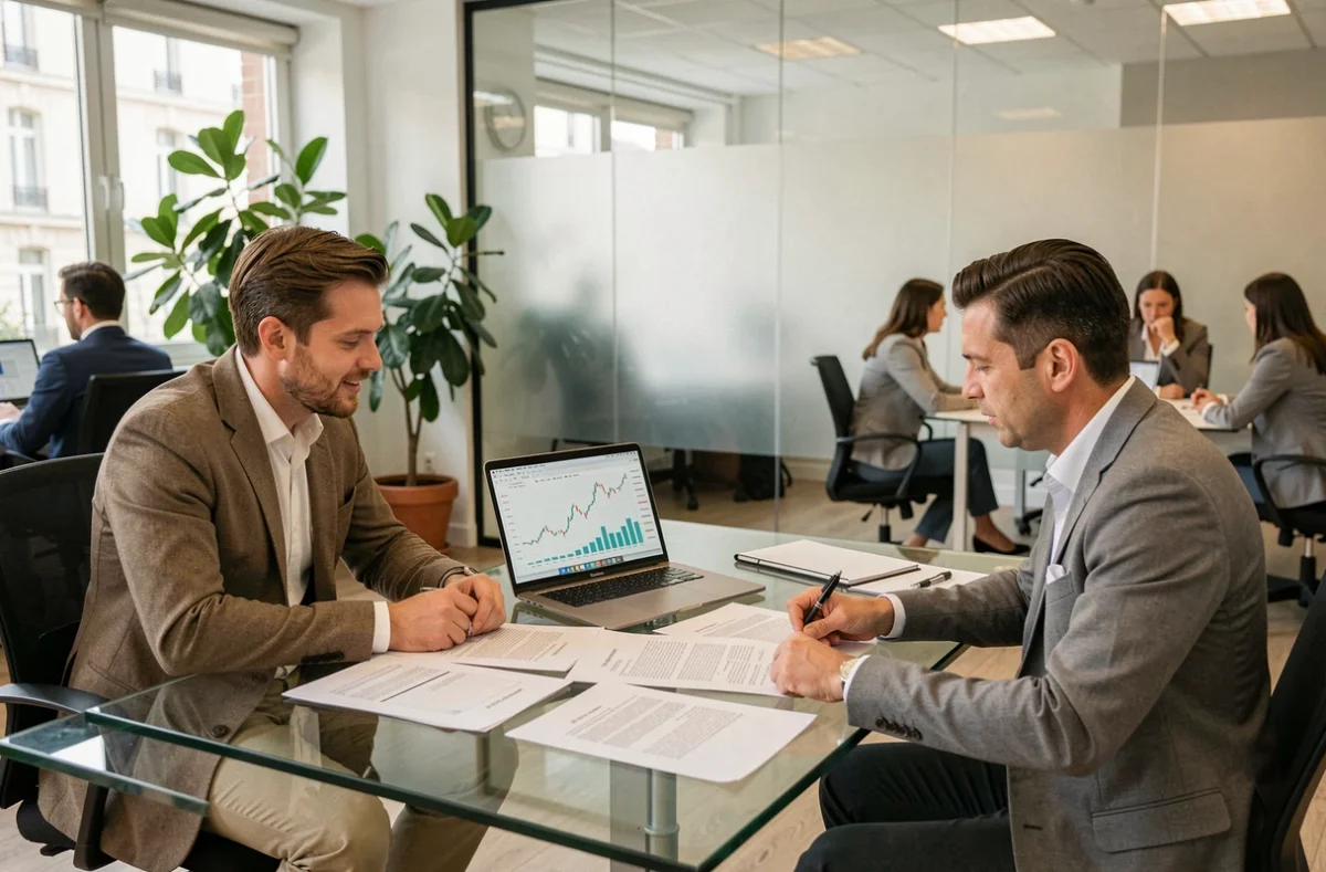 Courtier en assurance emprunteur dans le Nord conseillant un client sur son prêt immobilier dans un bureau moderne