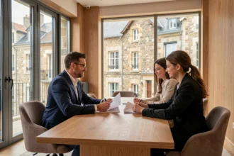 Un courtier en crédit immobilier conseille un couple dans un bureau moderne à Dijon, en Côte-d'Or