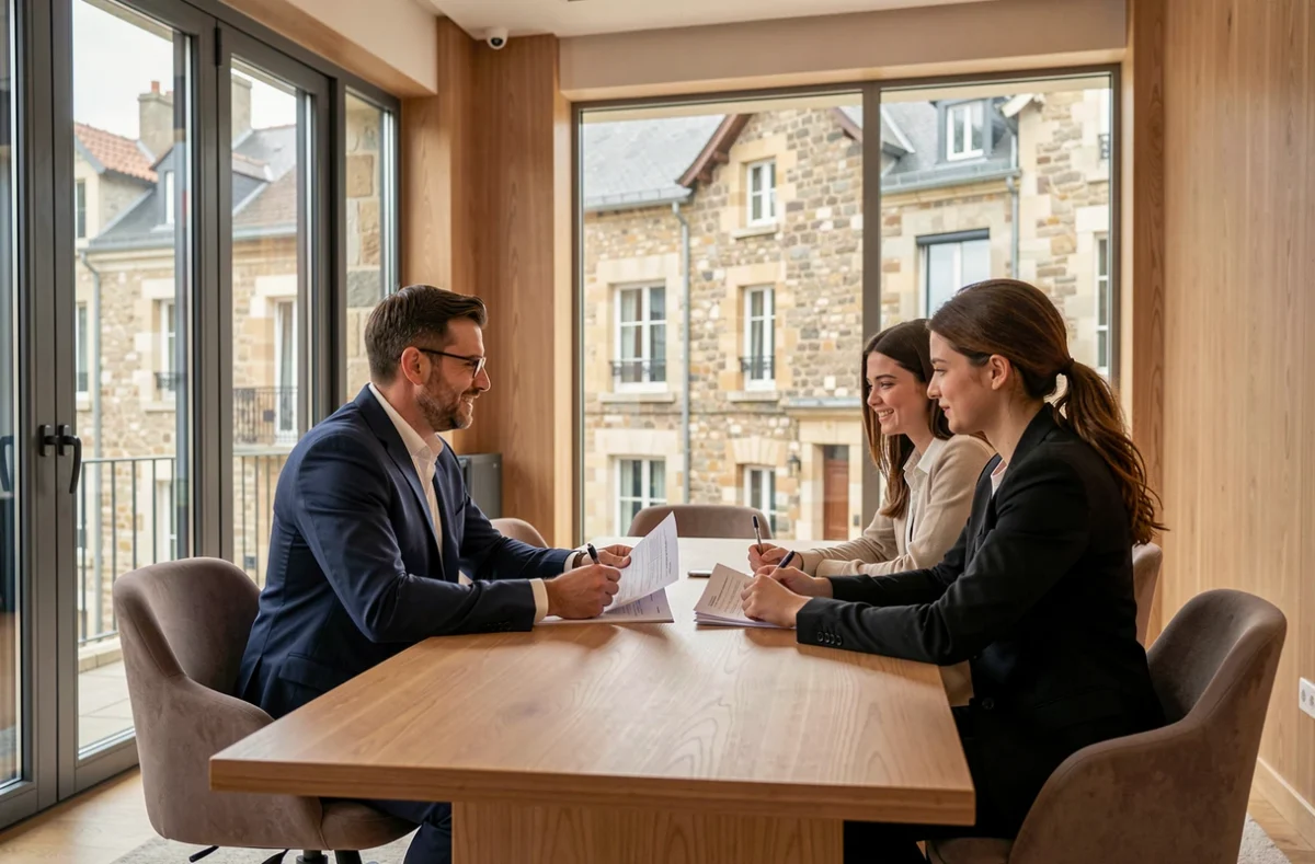 Un courtier en crédit immobilier conseille un couple dans un bureau moderne à Dijon, en Côte-d'Or