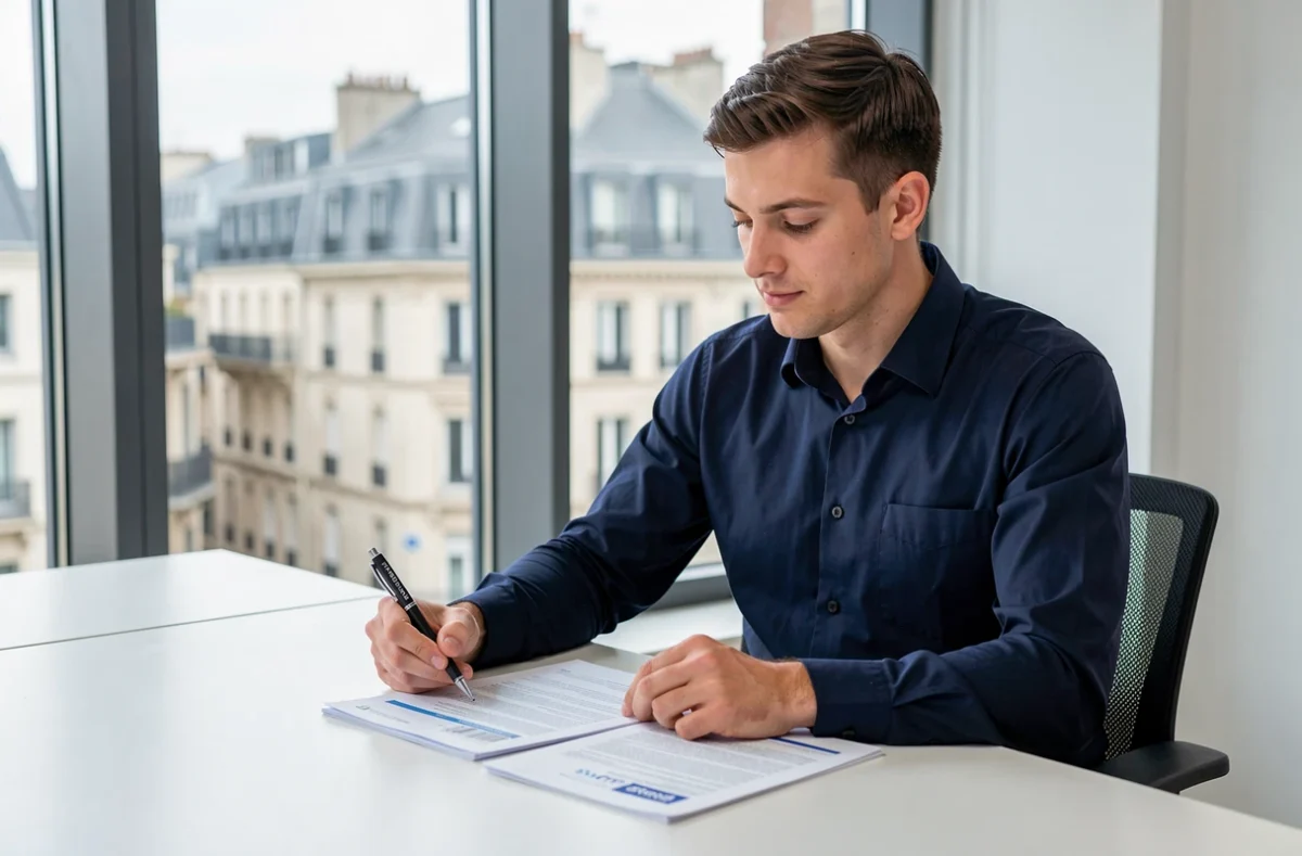Conseiller du courtier Courtineo examinant un dossier d'assurance emprunteur dans un bureau moderne