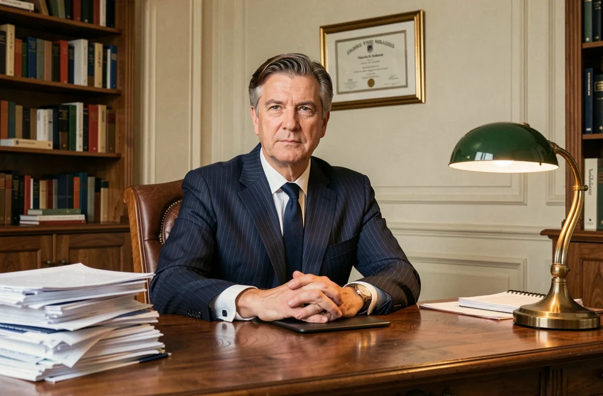 Courtier expérimenté de Crédit Courtier de France dans un bureau classique avec des dossiers clients