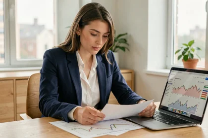 Jeune femme analysant des graphiques boursiers d'Europlasma à son bureau à domicile, représentant un investisseur débutant en bourse