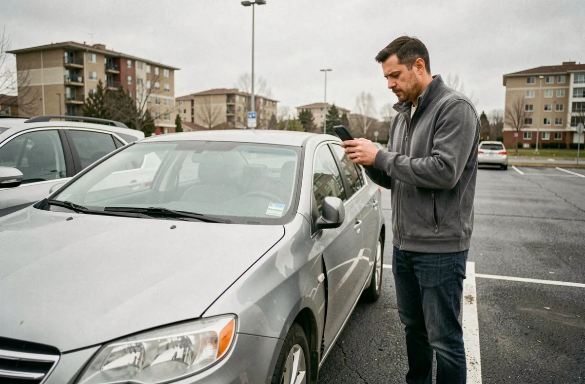 Propriétaire de voiture documentant les dégâts sur son véhicule après un sinistre pour une déclaration d'assurance Qlara