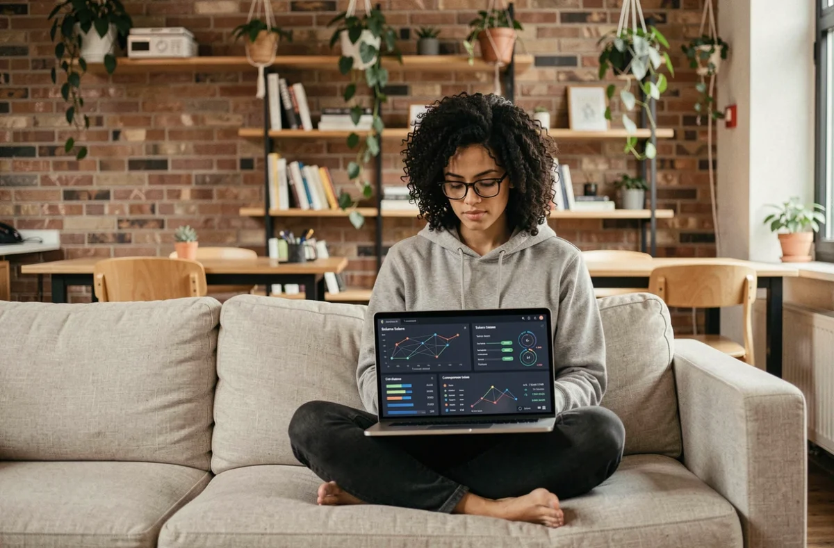 Développeuse blockchain analysant des données comparatives entre Solana et ses réseaux concurrents sur un ordinateur portable dans un espace de coworking