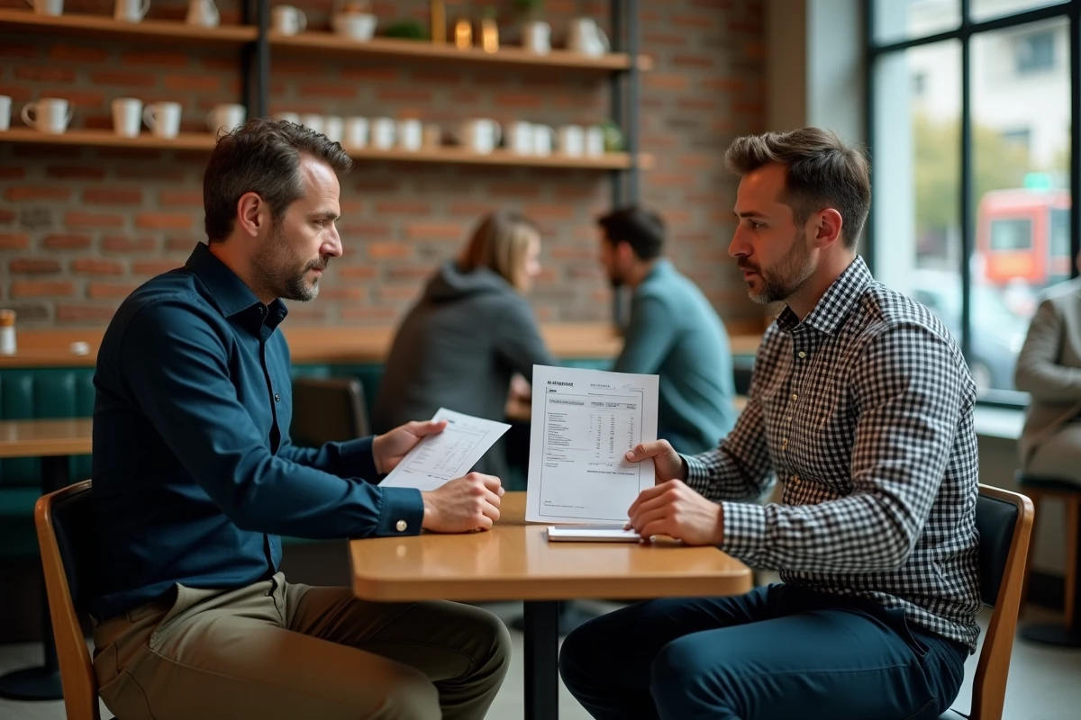 Deux collègues masculins discutant de différences de calcul de l'ARE dans un café, documents de salaire posés sur la table