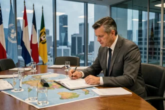 Diplomate en costume sombre examinant des documents lors d'une conférence géopolitique internationale dans une salle de réunion institutionnelle