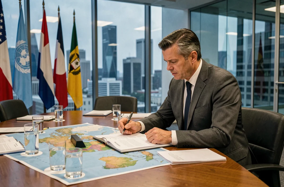 Diplomate en costume sombre examinant des documents lors d'une conférence géopolitique internationale dans une salle de réunion institutionnelle