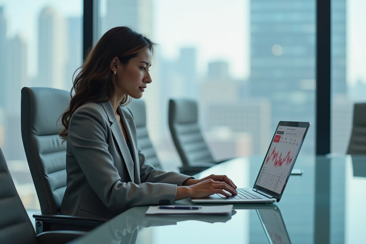 Dirigeante d'entreprise consultant un tableau de bord fiscal avec les échéances d'acompte IS