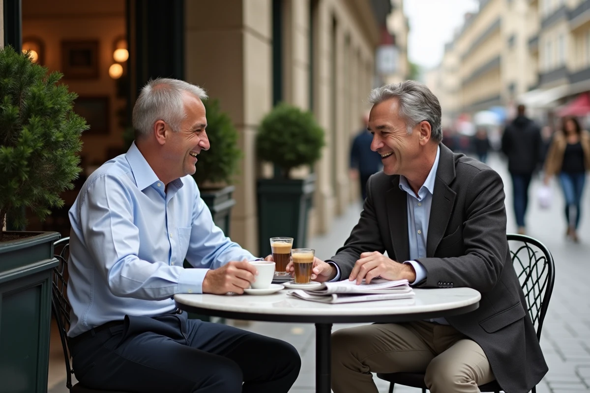 Deux hommes discutant de l'actualité économique dans un café parisien typique avec journaux et tasses d'espresso