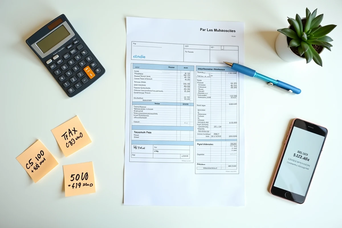 Vue aérienne de documents fiscaux et fiches de paie illustrant le cumul d'imposition des heures supplémentaires et primes en France