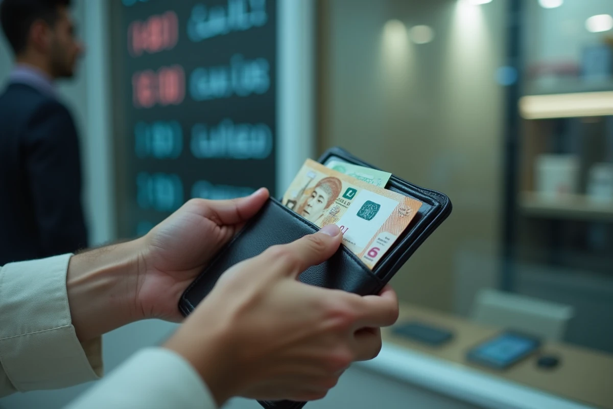 Mains d'un voyageur tenant un portefeuille ouvert avec des dirhams émiratis dans un bureau de change à Dubaï, panneau de taux de change visible en arrière-plan