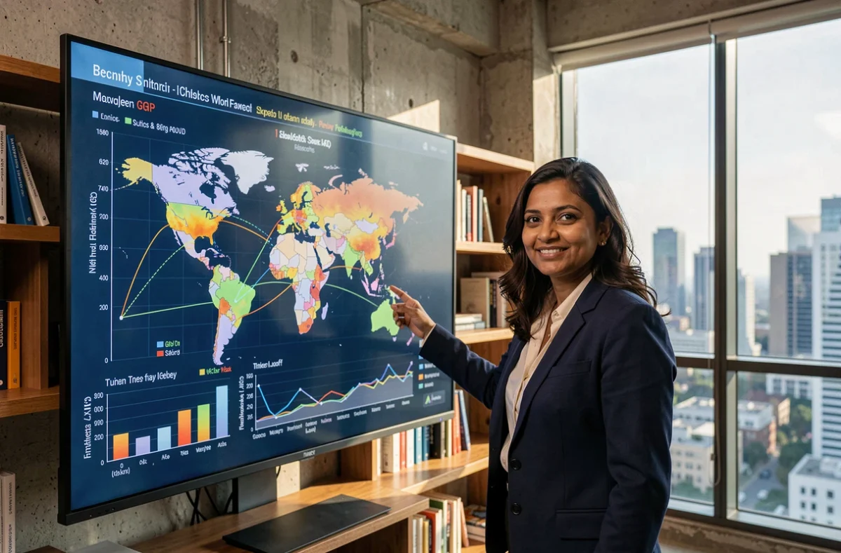 Économiste présentant des graphiques de puissance économique mondiale et de géopolitique sur un écran interactif dans un bureau moderne de recherche