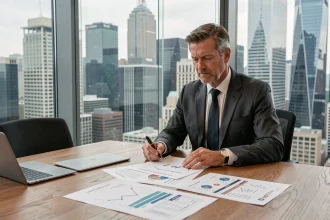 Économiste analysant des graphiques de PIB par pays dans un bureau moderne avec vue sur une skyline urbaine