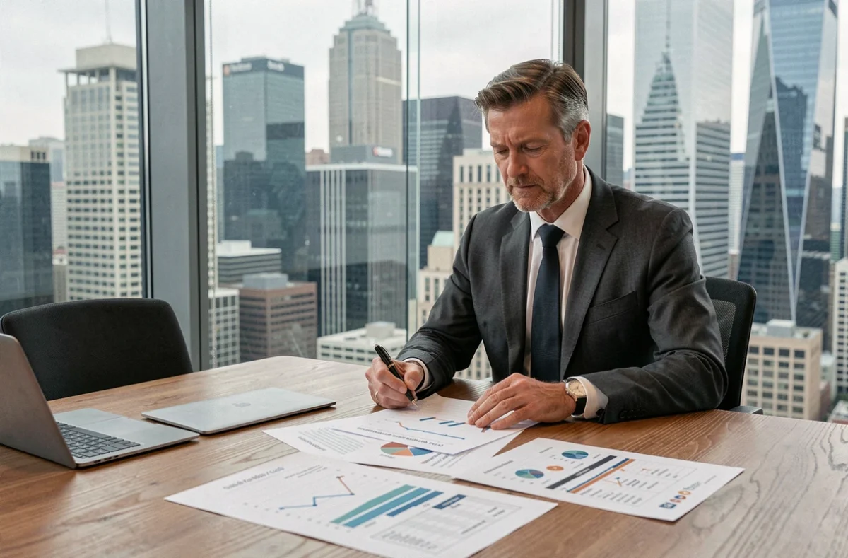 Économiste analysant des graphiques de PIB par pays dans un bureau moderne avec vue sur une skyline urbaine