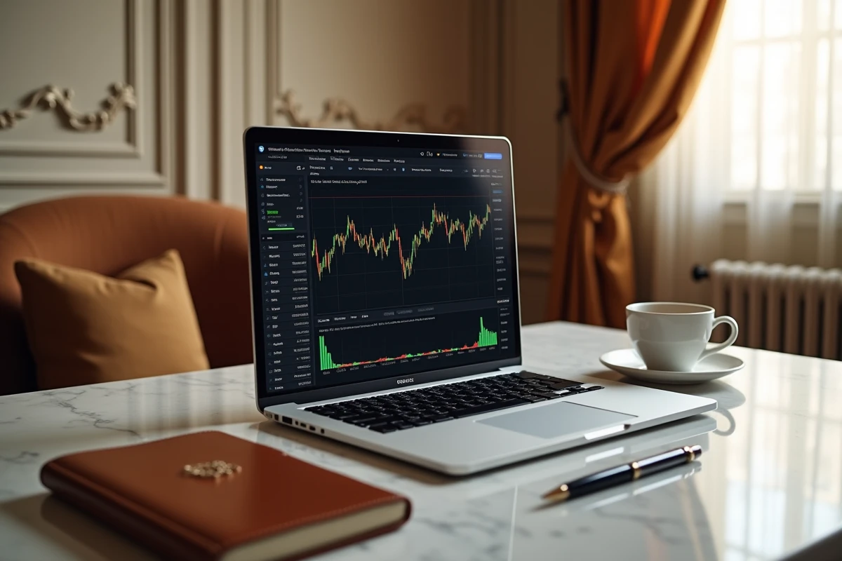 Écran d'analyse technique boursière de l'action Kering sur un bureau raffiné avec accessoires de luxe à Paris
