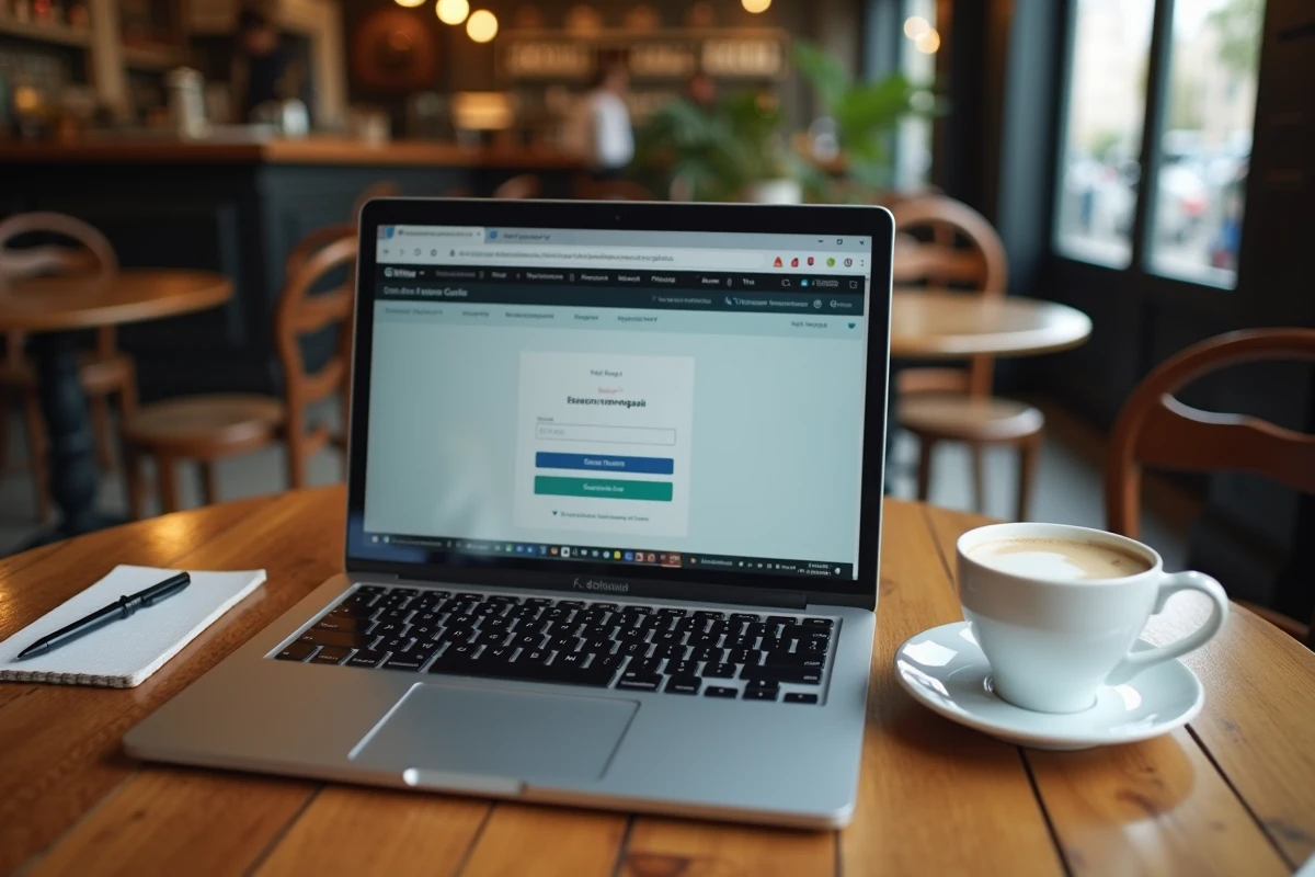 Écran de connexion bancaire en ligne affichant une erreur, posé sur une table de café parisien avec un carnet et un café