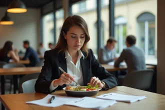 Employée en pause déjeuner dans une cantine d'entreprise, consultant des documents fiscaux liés aux frais de repas et tickets-restaurant 2026