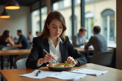 Employée en pause déjeuner dans une cantine d'entreprise, consultant des documents fiscaux liés aux frais de repas et tickets-restaurant 2026
